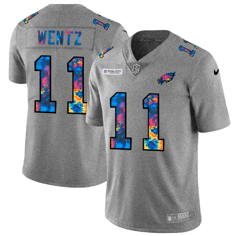 NFL Philadelphia Eagles 11 Carson Wentz Men Nike MultiColor 2020  Crucial Catch  Jersey Grey